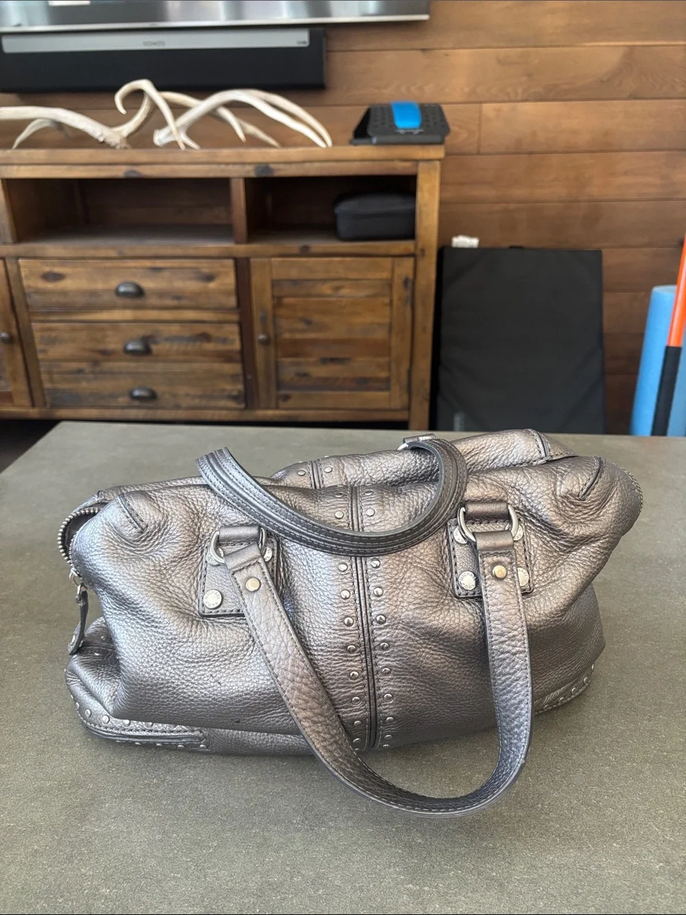 Michael Kors Metallic Gunmetal Leather Duffel Bag